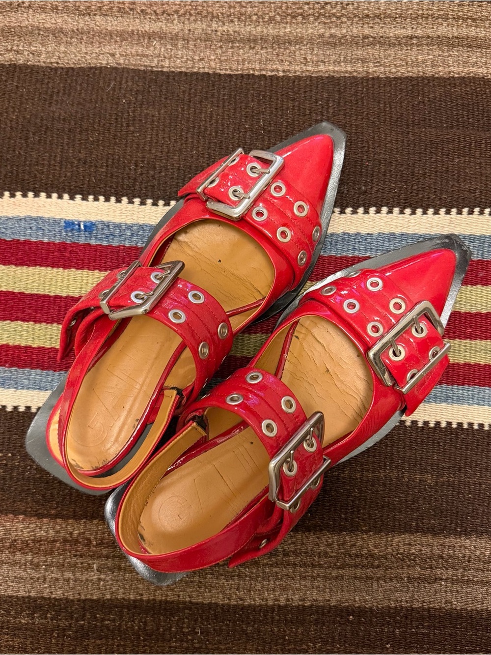 Ganni Red Pointed Leather Buckle Flats with Silver Accents